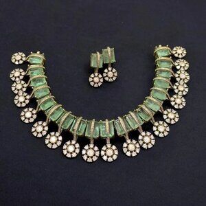 Victorian Golden Polish Emerald Green Ruby Uncut Moissanite Polki Necklace Set